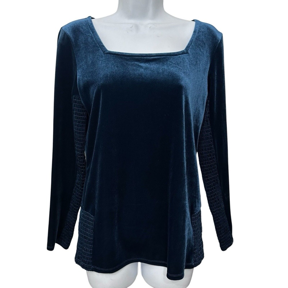 Sundance Elena Velvet Square Neck Top Women's Small Blue Romantic Velour Smocked